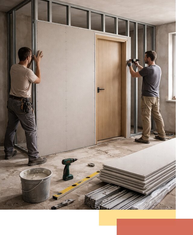 Перегородка из гипсокартона с дверью под ключ в Щелково