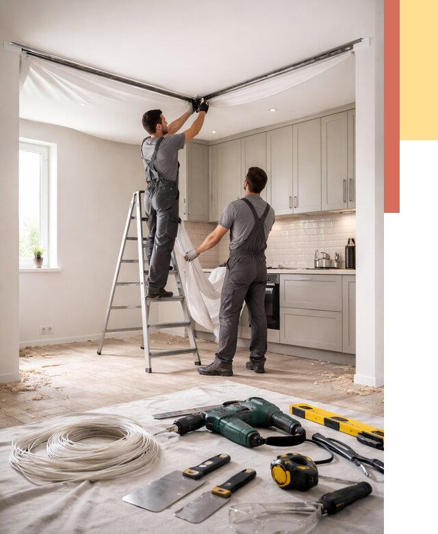 Установка натяжного потолка на кухне в Щелково от 2497 руб. | ОТДЕЛОЧНИК-Щлк