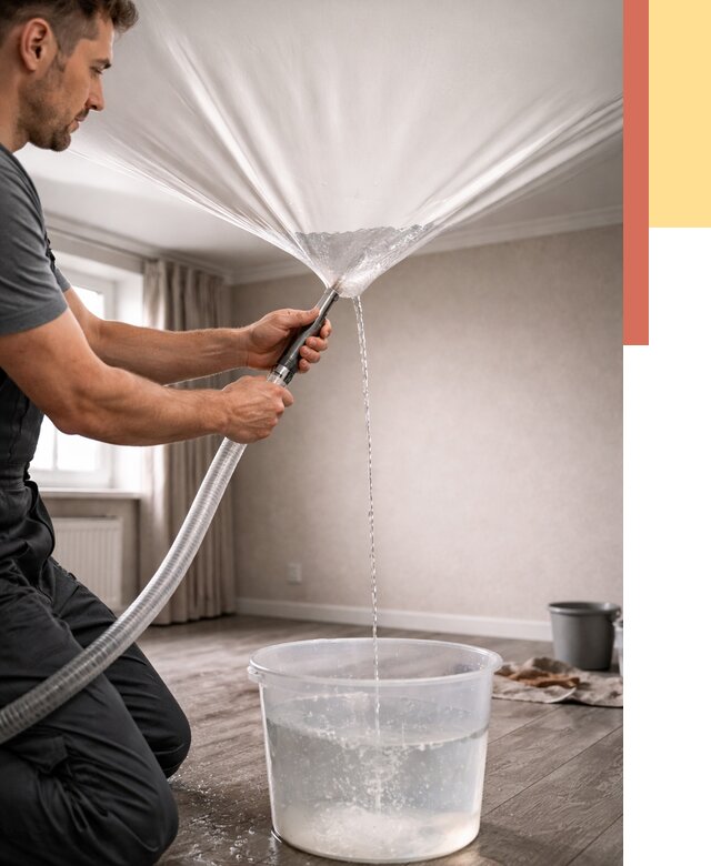 Слив воды с натяжного потолка в Щелково от 2601 руб. быстро и недорого | ОТДЕЛОЧНИК-Щлк